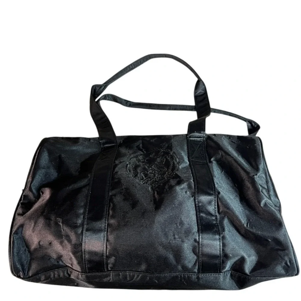 Carlos Falchi Sport Black Satin Duffel Bag Embroidered Dragon Crest Vintage Gym